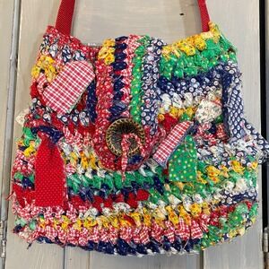 Handmade Rag Rug Shoulder Bag Multi Color Floral Gingham Boho Cottagecore Hippy